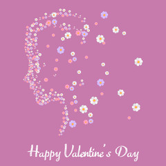 Happy Valentine's Day greeting card with flowered girl face. Vector.