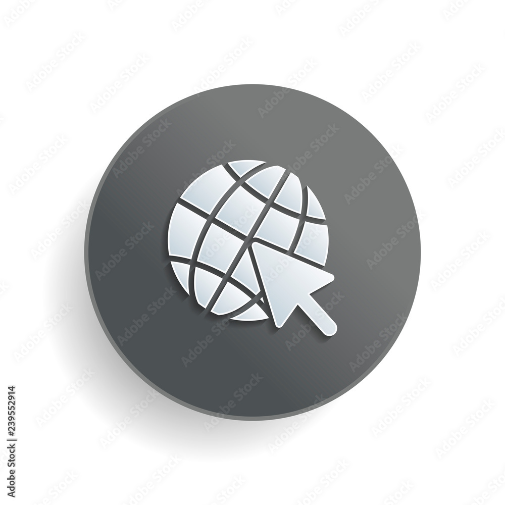 Poster globe and arrow icon. white paper symbol on gray round button or badge with shadow