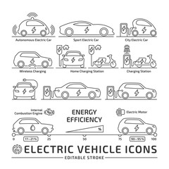  Electric car line icon set. Electro power vehicle editable stroke outline sign collection.