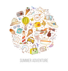 Design template with color cartoon travel doodles