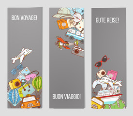 Fototapeta premium Three banners with colorful cartoon travel doodles. 
