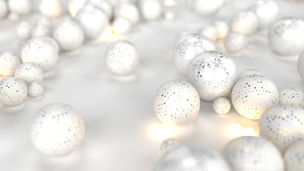 Abstract white celebration background with glitter balls and warm lights