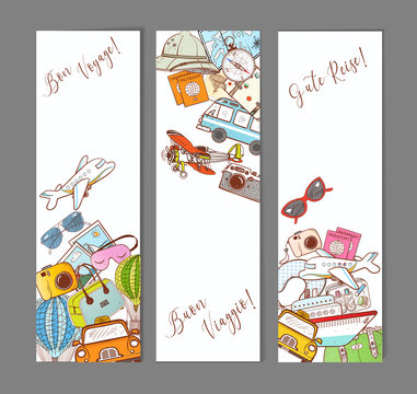 Three banners with colorful cartoon travel doodles. 