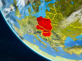 Visegrad Group on planet Earth from space with country borders. Very fine detail of planet surface and clouds.