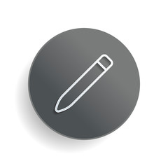 Simple pencil. Linear, thin outline. White paper symbol on gray round button or badge with shadow