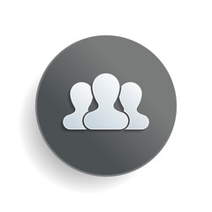 Team, few person. White paper symbol on gray round button or badge with shadow