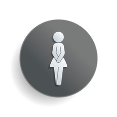 Female silhouette, woman icon. White paper symbol on gray round button or badge with shadow