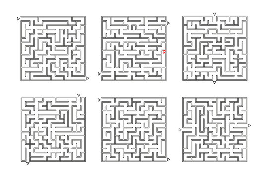 A set of square mazes. Game for kids. Puzzle for children. Labyrinth conundrum. Flat vector illustration isolated on white background.