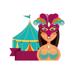woman carnival dancer with mask and circus tent