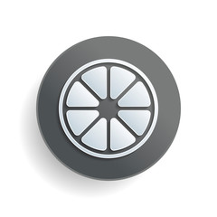 Whole lemon or orange. Simple icon. White paper symbol on gray round button or badge with shadow