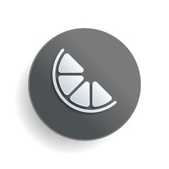 Half lemon or orange. Simple icon. White paper symbol on gray round button or badge with shadow