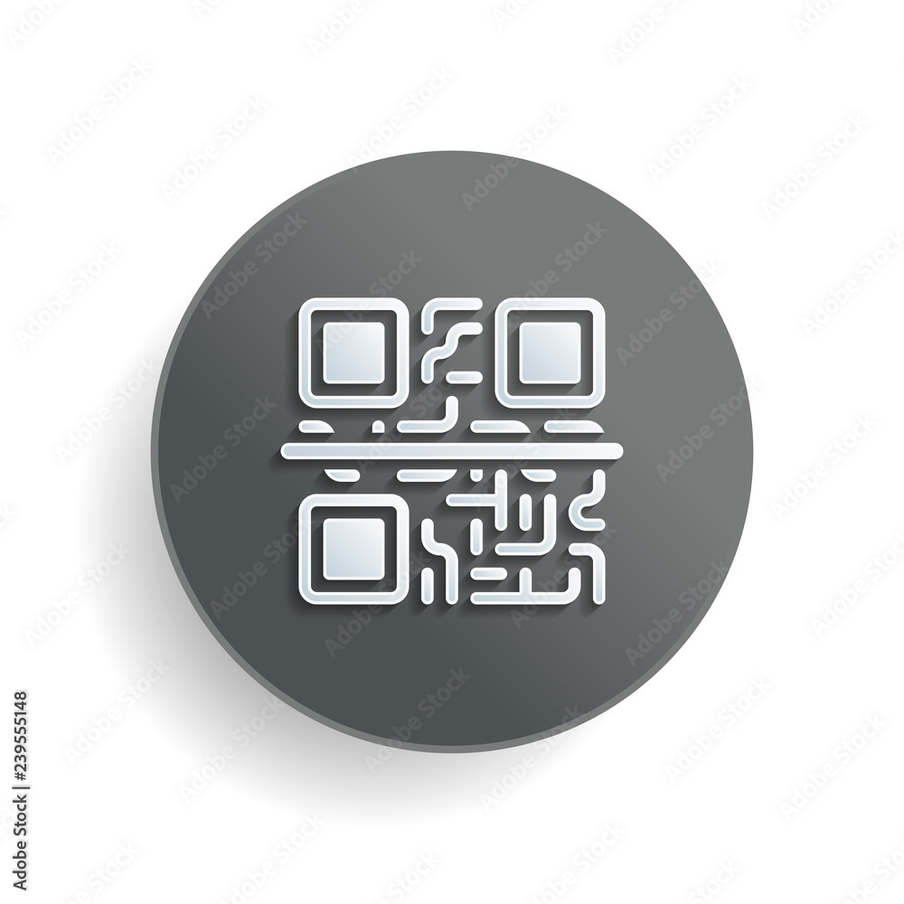 Poster scanning qr code. technology icon. white paper symbol on gray round button or badge with shadow