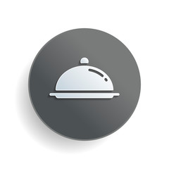 Restaurant cloche or tray. Restaurant icon. White paper symbol on gray round button or badge with shadow