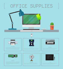 Office supplies poster group computer equipment seamless pattern. Laptop, monitor, tablet pc, printer web camera, cactus lamp. Office electronics digital vector illustration.