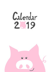 Cute cartoon pink pig the symbol of chinese new year 2019. Calendar graphic design cover page. Funny Piggy. Vector illustration