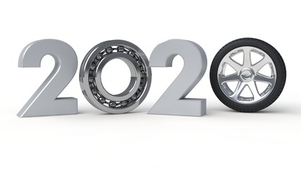 3D illustration of 2019, the date of the new year with the rolling bearing. The idea of the mechanism of the time machine, the movement from the past to the future. 3D rendering on white background