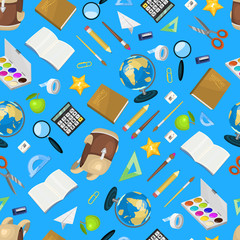 School items seamless pattern background vector illustration. Back to School. Supplies scissors copybook pencil rubber calculator bell, clips, magnifier, magnet backdrop.