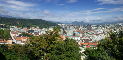 Large panoramic aerial view of Ljubljana, capital city of Slovenia