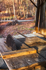 vintage circular saw blade and the workpiece