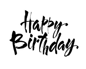 Happy birthday vintage hand lettering, brush ink calligraphy, vector type design, isolated on white background.