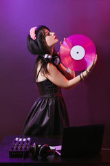 dj headphone equipment disco girl party retro vintage ultraviolet mixer young woman vinyl glamor...