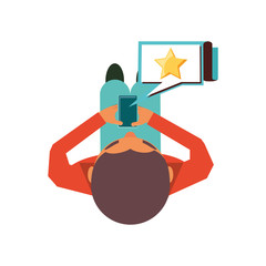 view aerial of man with smartphone and speech bubble