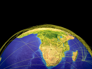 Africa on planet Earth with country borders and trajectories representing international communication, travel, connections.