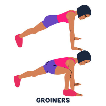 Groiners. Plank. Planking. Sport exersice. Silhouettes of woman doing exercise. Workout, training.
