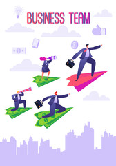 Business team voncept. Businessman and woman flying on paper planes. People following chief on a red plane. Boss points the way to success. Vector illustration leadership theme, motivation, teamwork. 