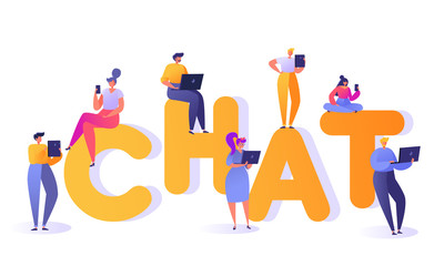 Flat cartoon vector illustration. Set of people chatting in social networks. Man and woman standing and sitting on big letters. They communicating online with mobile devices; tablet, laptop, smartphon