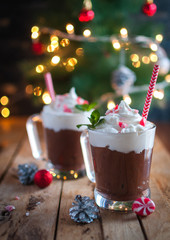 Christmas mint hot chocolate on wooden background