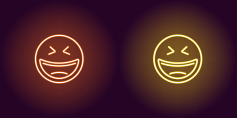 Neon illustration of laughing emoji. Vector icon