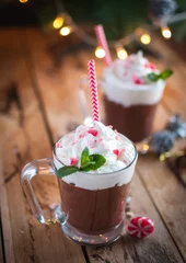 Foto op Canvas Close-up of Christmas mint hot chocolate on wooden background © Nevena