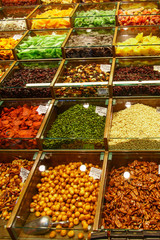 Exhibition of seeds and spices on the market