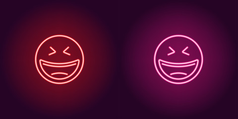 Neon illustration of laughing emoji. Vector icon