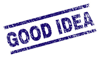 GOOD IDEA seal print with distress style. Blue vector rubber print of GOOD IDEA caption with dirty texture. Text caption is placed between parallel lines.