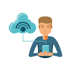 man with smartphone and cloud computing