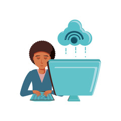 man black with desktop computer and cloud computing