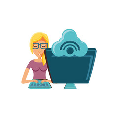 woman with desktop computer and cloud computing