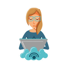 woman with laptop and cloud computing