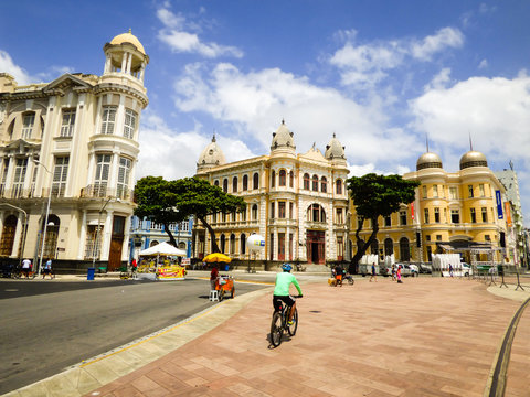 Recife, Brazil - Circa December 2018: A view of Marco Zero Square with well preserved historic buildings around