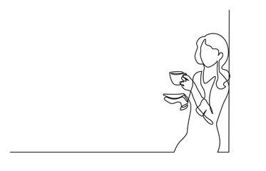 Woman relaxing with cup of tea Continuous line