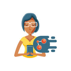 woman with smartphone and share symbol