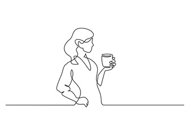 Woman relaxing with cup of tea Continuous line