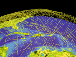 Caribbean on planet Earth with country borders and trajectories representing international communication, travel, connections. © harvepino