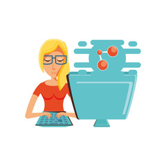 woman with desktop computer and share symbol