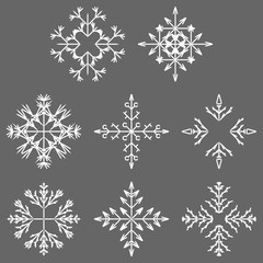 Vector collection of artistic icy abstract crystal snow flakes isolated on background as winter december decoration group or collection. Ice or frost beautiful star ornament silhouette or season art