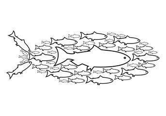  illustration,Set silhouettes of groups of sea fishes. Colony of small fish. Icon with river taxers. - Vector