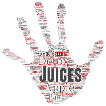 Vector conceptual fresh natural fruit or vegetable juices hand print stamp red healthy diet organic beverage word cloud isolated background. Collage of green exotic, tropical raw nutrition concept