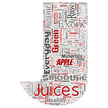 Vector conceptual fresh natural fruit or vegetable juices letter font red healthy diet organic beverage word cloud isolated background. Collage of green exotic, tropical raw nutrition concept